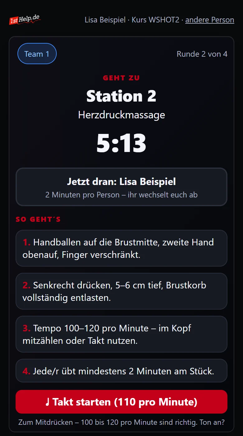 Handy-Ansicht der Station Herzdruckmassage mit Timer und Taktgeber