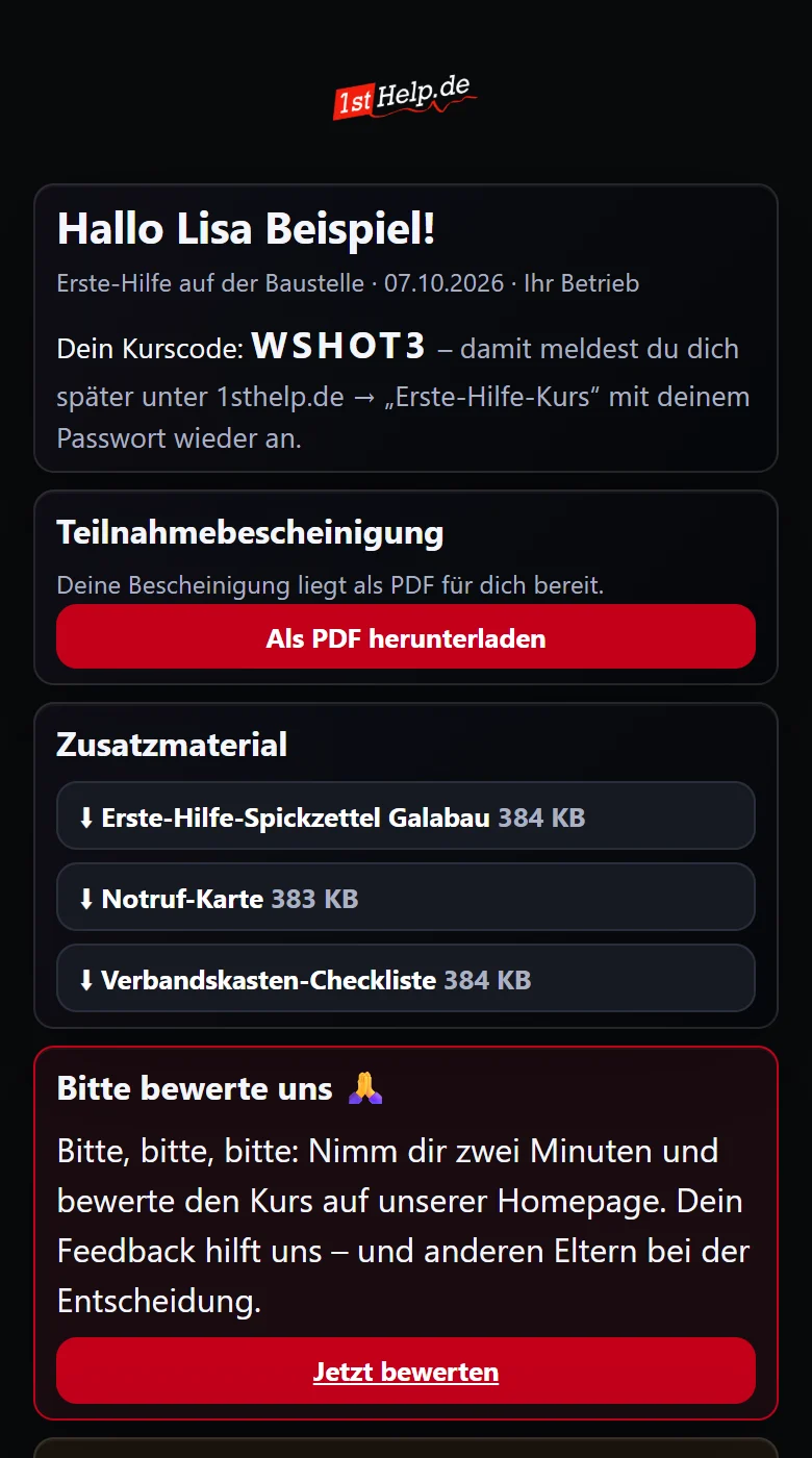 Handy-Ansicht mit Teilnahmebescheinigung zum Download und Zusatzmaterial