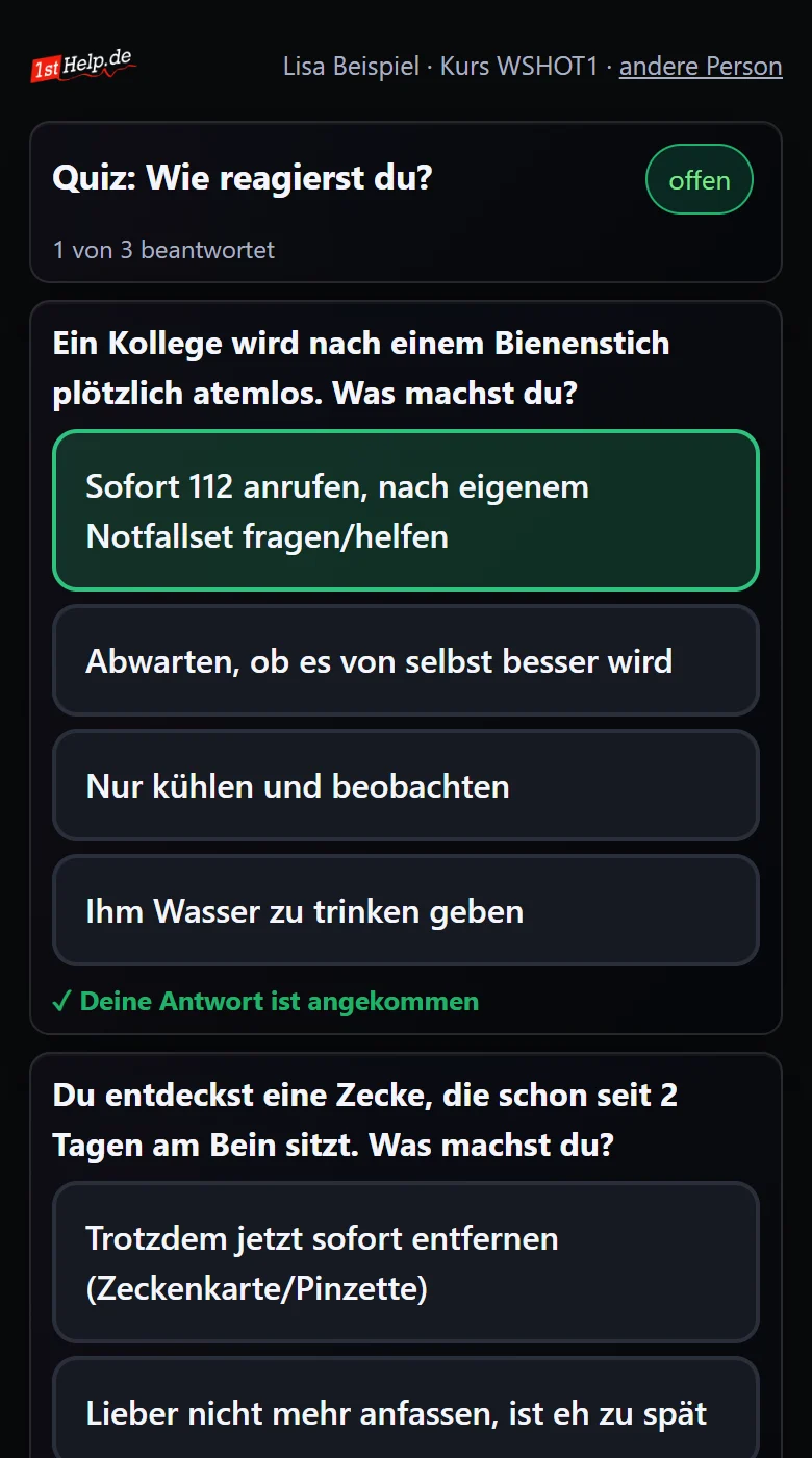 Live-Quiz auf dem Handy: eine Antwort ist angewählt und bestätigt